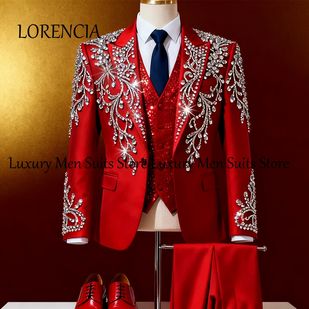

Exquisite Crystal Suits for Male 3 Pieces Single Breasted Tuxedos Wedding Party Outfits Customized Blazer Pants zomerset heren