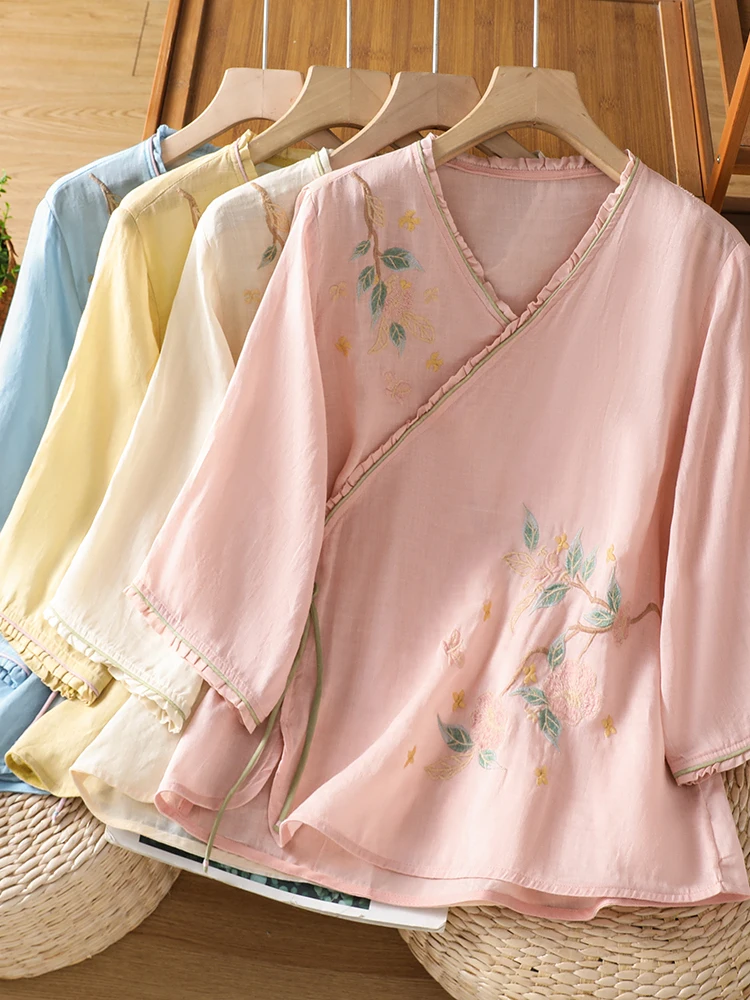 

Loose Fit Embroidered Shirt Chinese Style Five Sleeve Summer New Large Size Women's Fashionable Buttoned Side Slit Zen Tea Co...