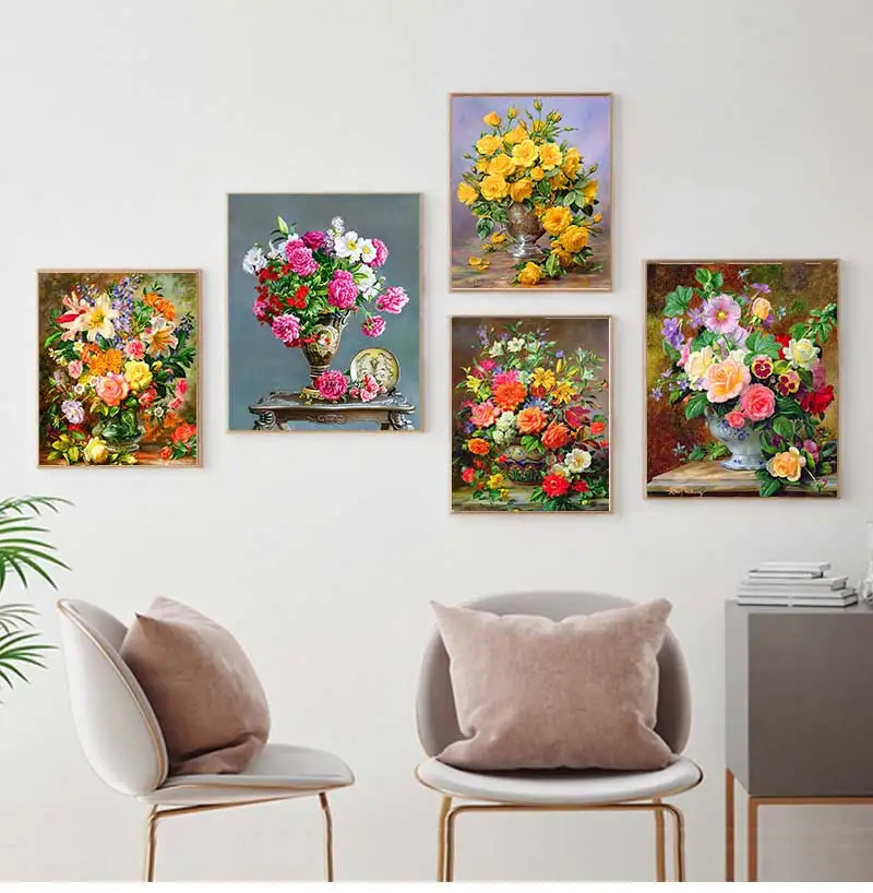 Europäische Klassische Retro-Blumenmalerei Nordisches Schönes Blumen-Wandkunst-Poster Leinwanddruck Flur-Bild Raumdekoration