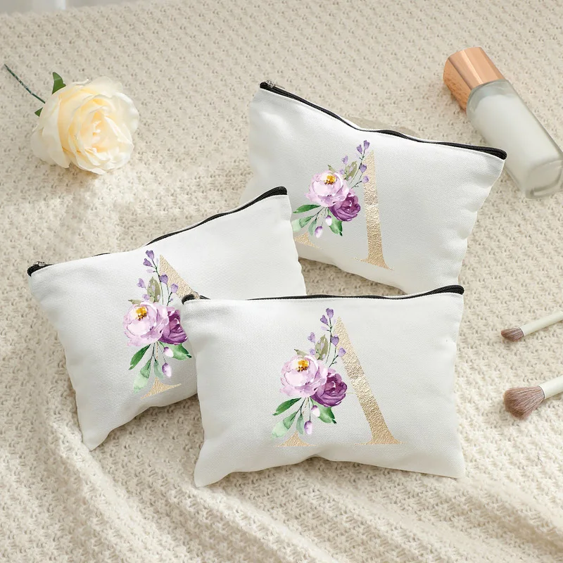 

Bloom Alphabet Pink Flower Initials Customized Cosmetic Bags Logo Clutch Bag White Travel Zipper Toiletry Pouchs Pencil Case