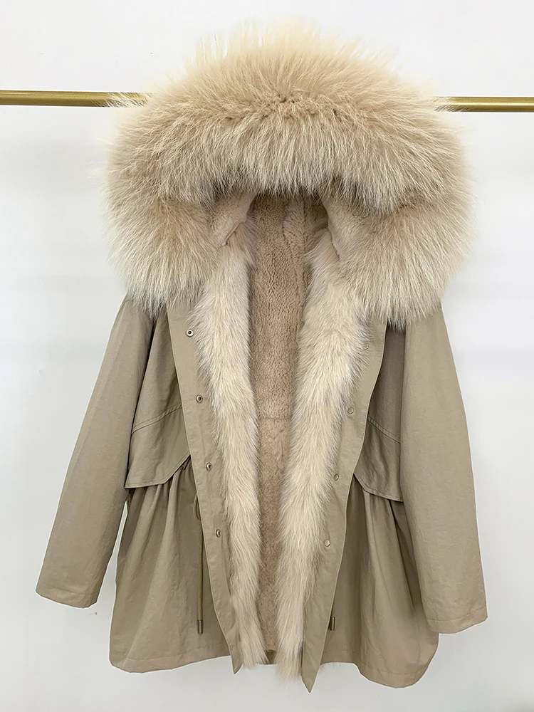 سترة شتوية مبطنة بفرو أرنب ريكس للنساء، معطف بومبر باركا مع غطاء رأس من فرو الثعلب والراكون الحقيقي، سميك ودافئ، ملابس خارجية للشارع