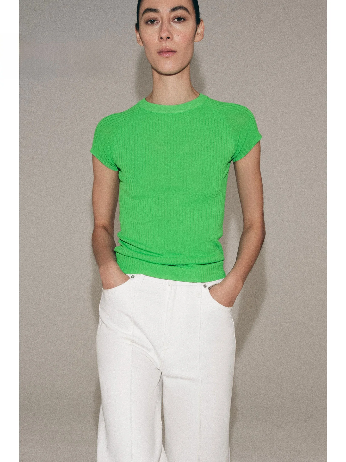 

Summer 2026 Women's Knitted Short Sleeve Top Ribbed Texture Slimming Fashionable Shoulder Insert Stripes Casual Style Medium ...