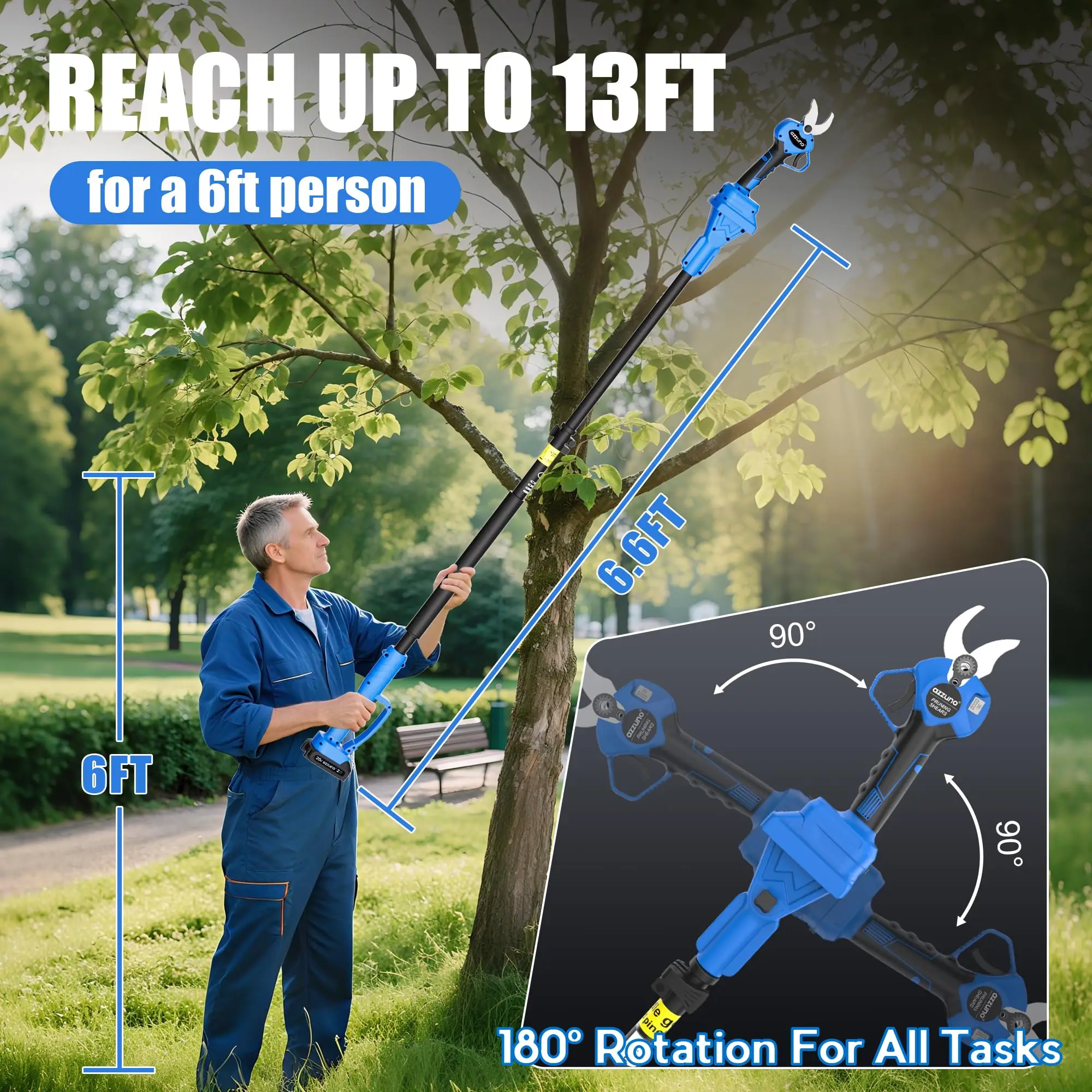 AZZUNO Tijeras de podar de postes eléctricas 2 en 1 de 20 V, podadora de mango largo inalámbrica de 1,4 pulgadas de alcance de 13 pies, cortador de ramas sin escobillas con LCD