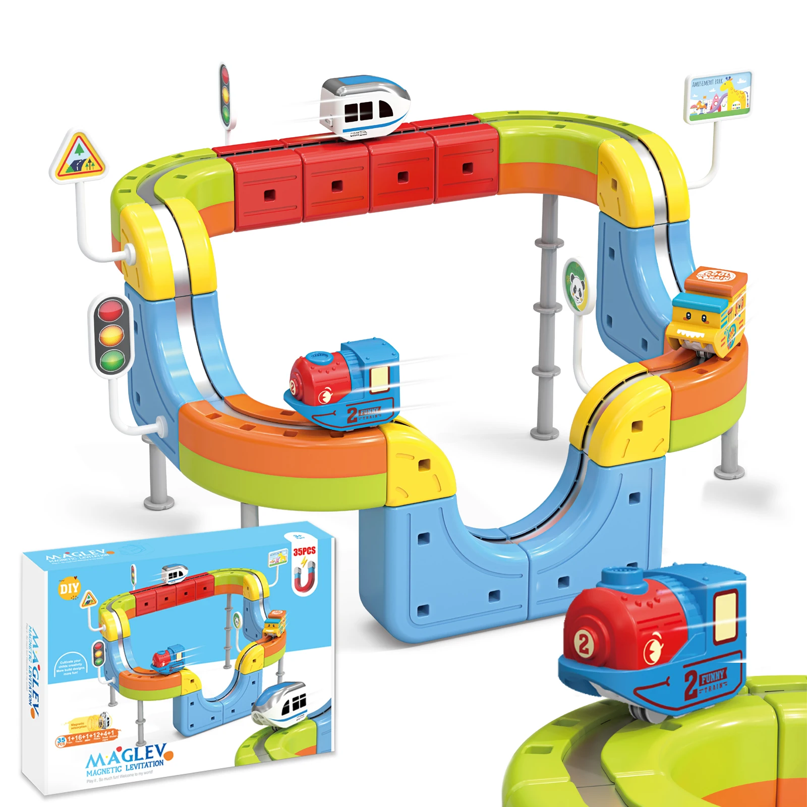 Zestaw kolejowy Track Fusion - 35 elementów, magnetyczna torba na kółkach 3D Infinity z klockami STEM do składania, magiczna elastyczna torba wyścigowa dla dzieci A