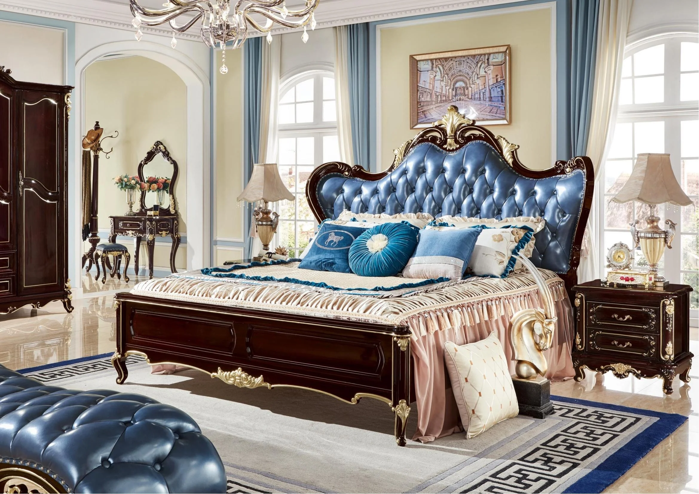 #Luxury European Antique Royal French Beech Wood Gold Leaf Italy Fabric Full Bed Bedroom Furniture Set for Apartment & Hotel Use