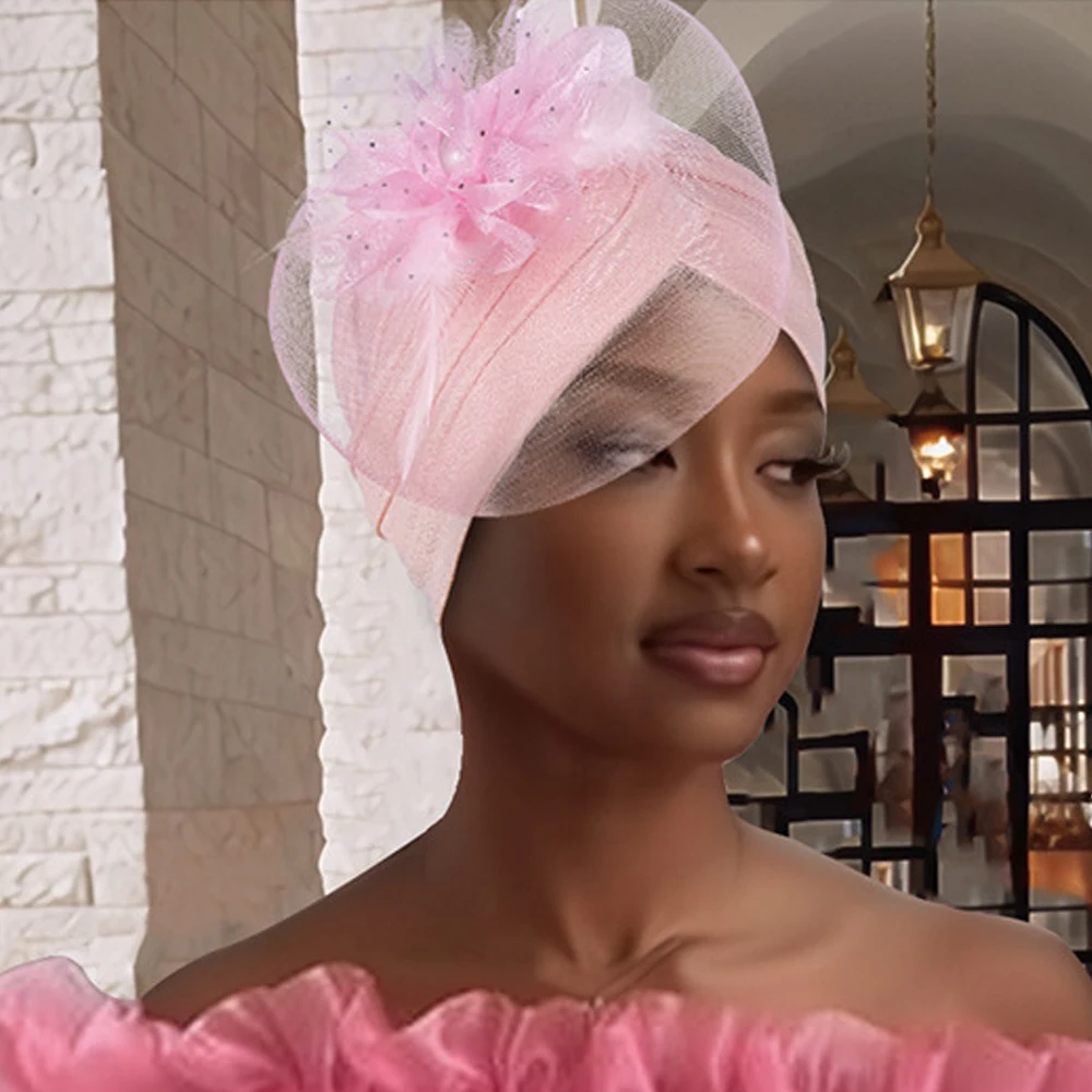 

New Muslim Hijab Women Feather Flower Hat Turban Indian Headscarf African Head Wrap Bonnet Beanies Wedding Party Turbante Mujer