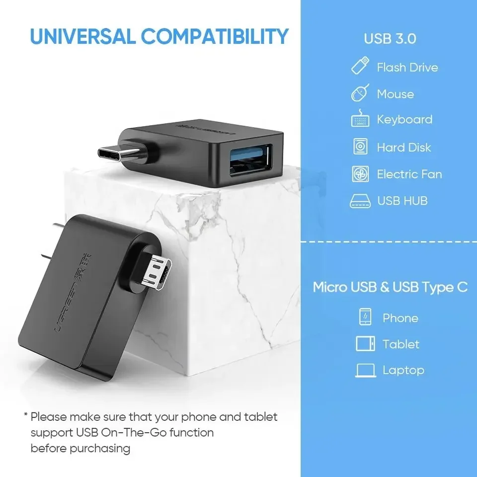 Ugreen 2 in 1 OTG Adapter Micro USB to USB Adapter Type-C to USB3.0 Adapter