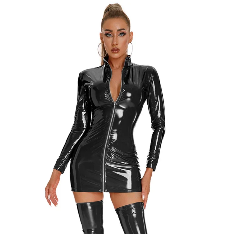 

Women Shiny Long Sleeve Leather Dress Erotic Zipper Open Crotch Latex Sheath Bag Hip Skirt Bottom Porn Breast Exposing Dress