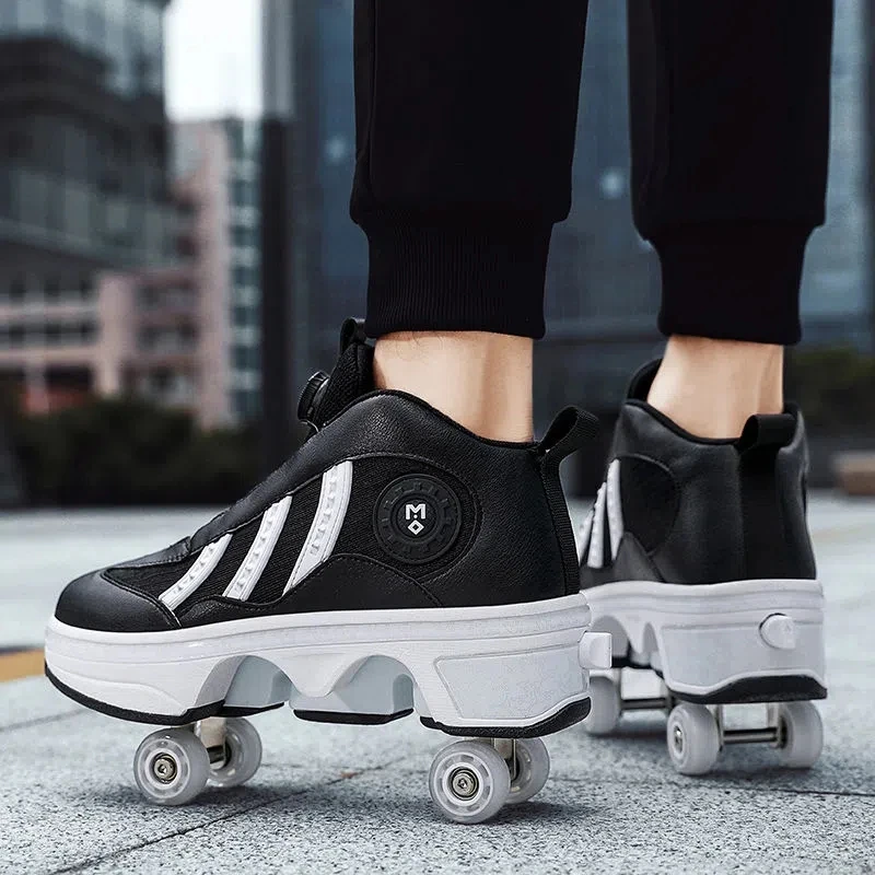 Deformation Roller Skates Shoes Four Wheels Running Shoes Roller Skates Women Men Parkour Roller Shoes Kids Sneakers