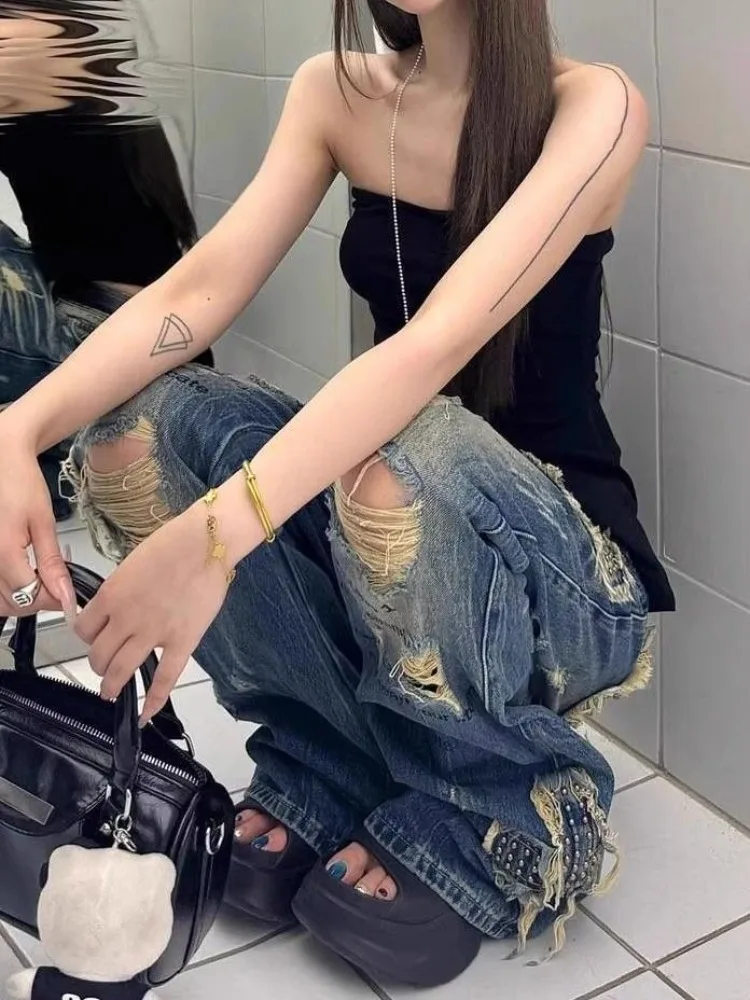 Women's Rivet Cross Pattern Retro Style Wide Legs Jeans Distressed Trousers Girl Casual Bottoms Female Blue Holes Denim Pants
