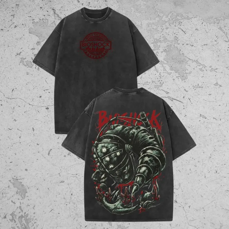 Camiseta Vintage Bioshock con Lavado Mineral, Camiseta con Gráfico Big Daddy Rapture, Camiseta Retro de los 90 Estilo Streetwear Bio Shock