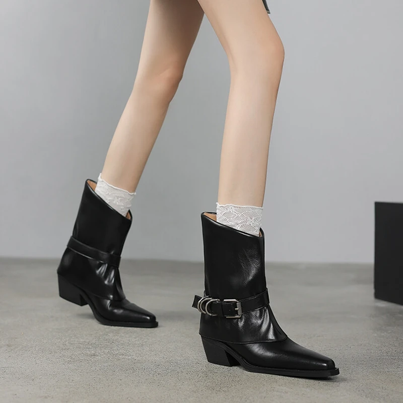 NEW Autumn Women Boots Pointed Toe Chunky Heel Shoes Split Leather Shoes for Women Casual Pants Boots Belt Buckle Modern Boots