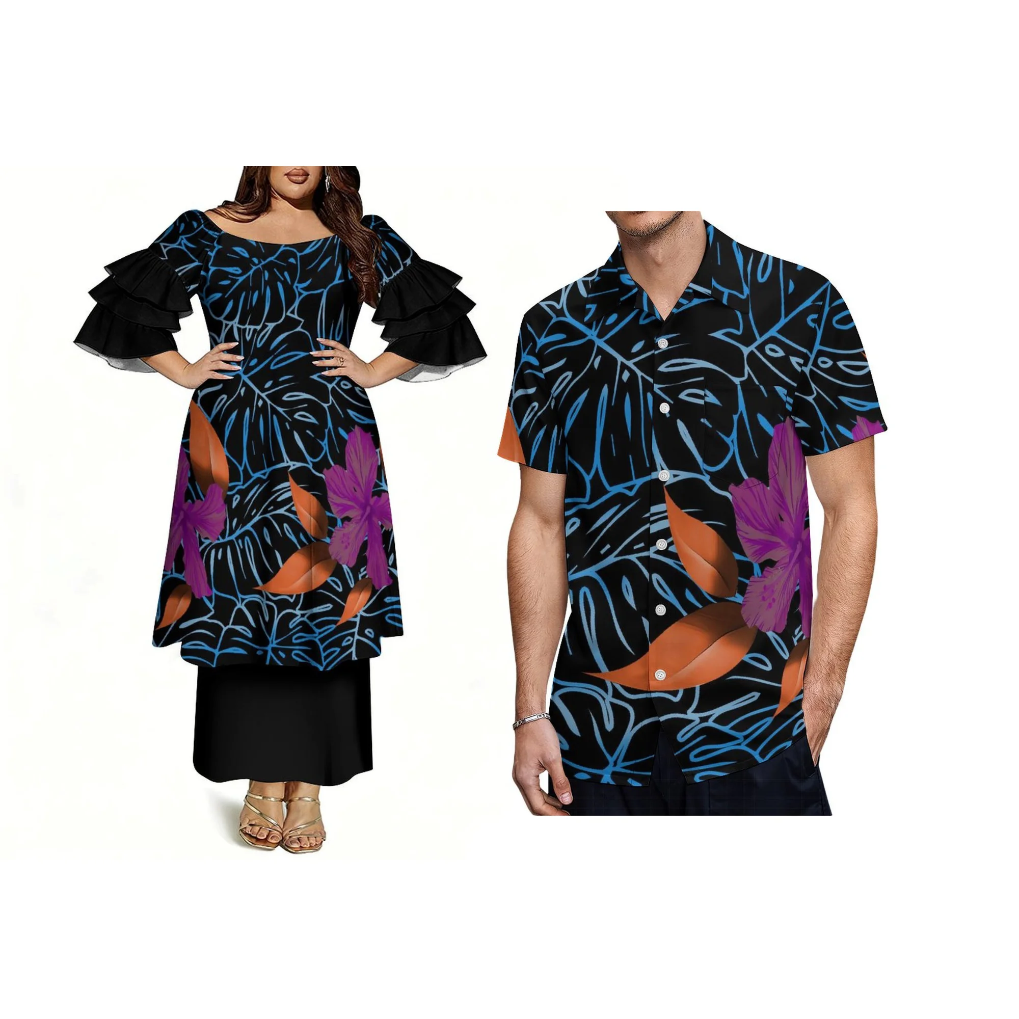 

Custom Plus Size Ladies off Shoulder Three Frill Layer Sleeve Dress Long Top and Skirts Two Piece Polynesian Puletasi Dress
