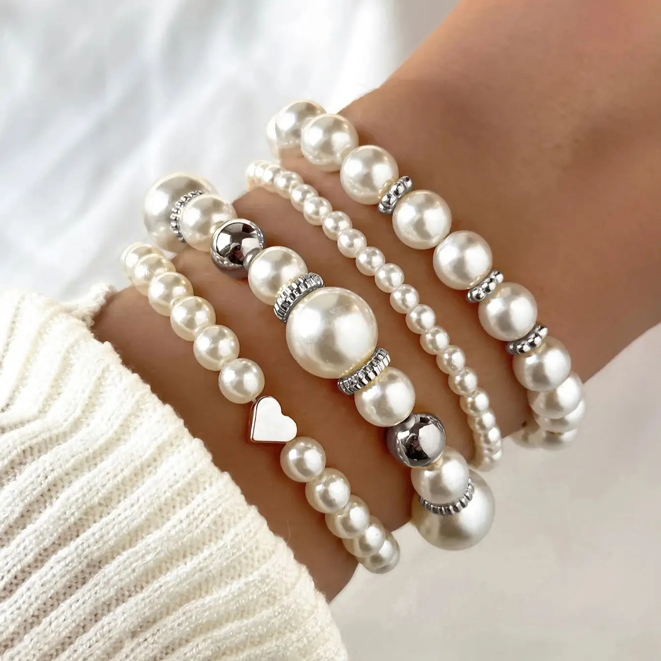 DIEZI 3 Colors Ethnic CCB Imitation Pearl Heart Beads Strand Bracelets Bohemian Rope Bracelet Set For Women Men Party Jewelry