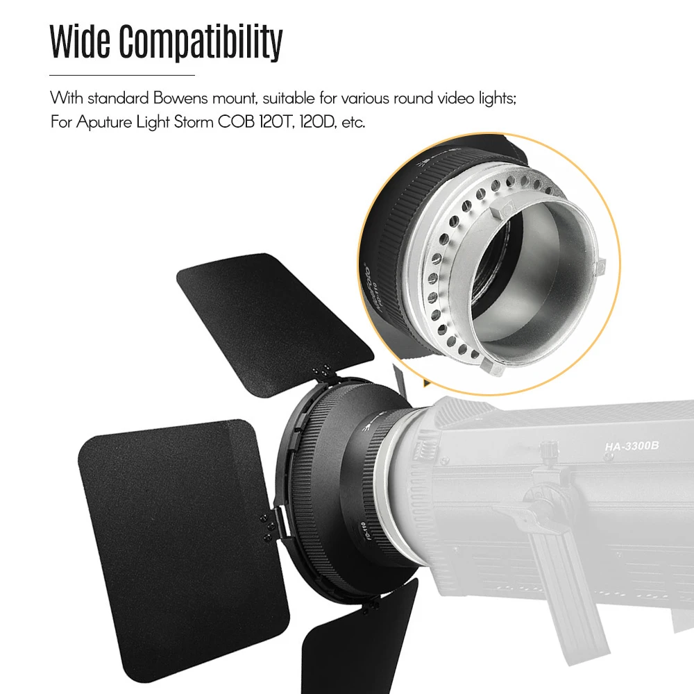 

Fresnel Mount Light Focusing Adapter with Lights Honeycomb Grids Barn Doors for Bowens Mount LED Video Light for Aputure Light