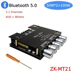 MT21 Bluetooth 5.0 Subwoofer Amplifier Board 50WX2+100W 2.1 Channel Power Audio Stereo Amplifier Tone Board Bass AMP AUX 12V 24V