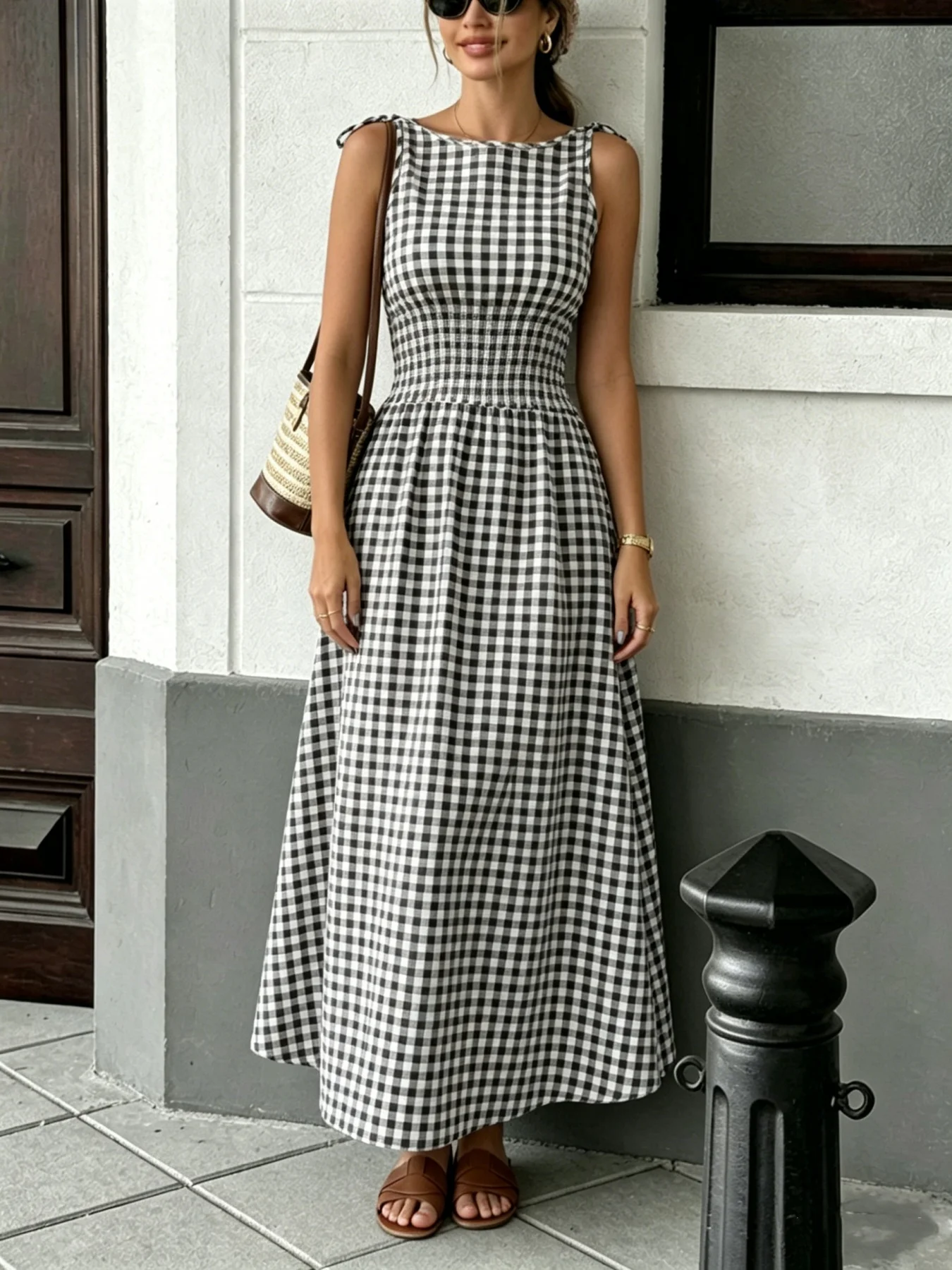 Summer Fashion New Style Fresh Ins Style Versatile Grid Pattern Waist Pulling Strap Strap Long Dress