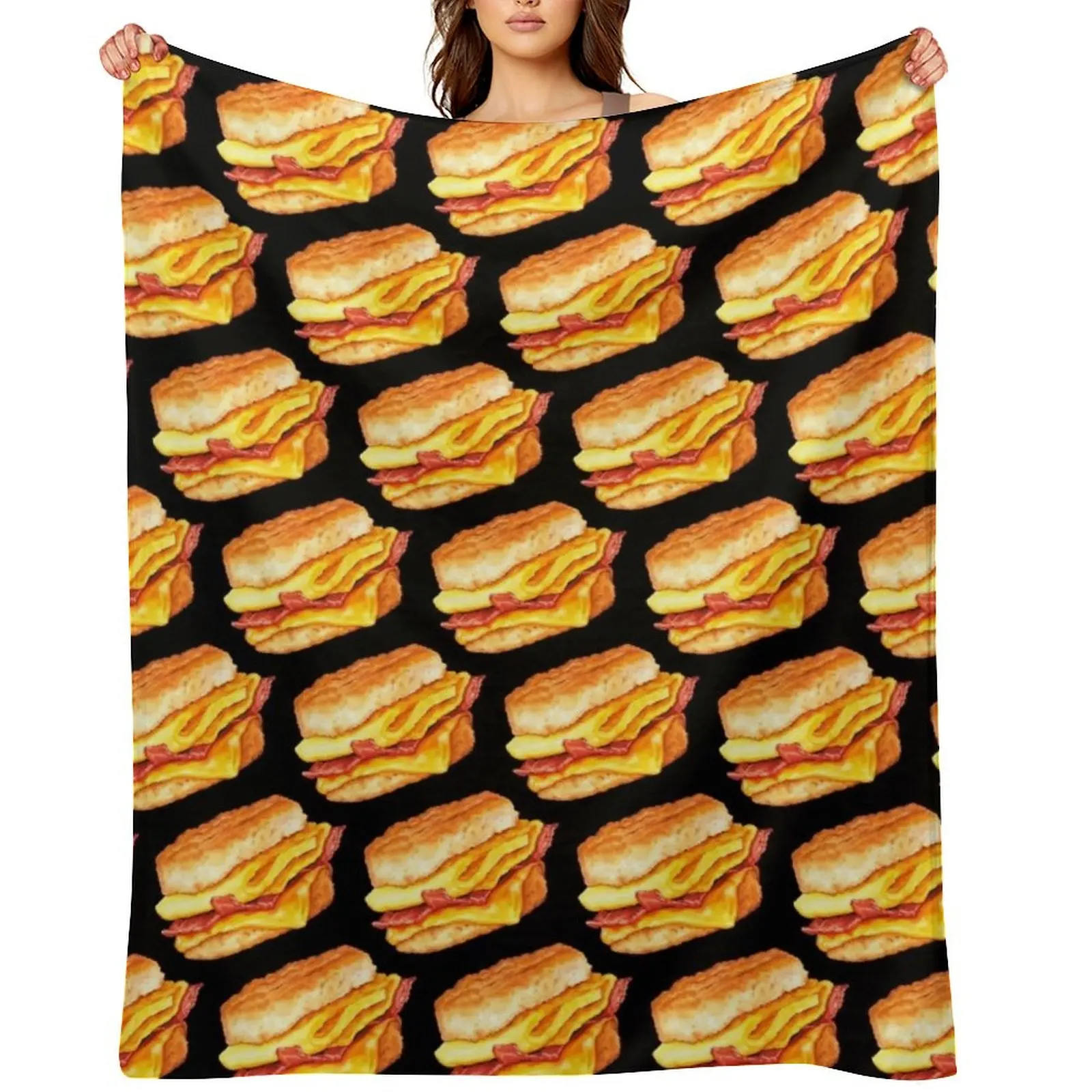 

Bacon Egg & Cheese Sandwich Pattern - Black Throw Blanket Vintage Sofas Fashion Sofas christmas gifts Blankets