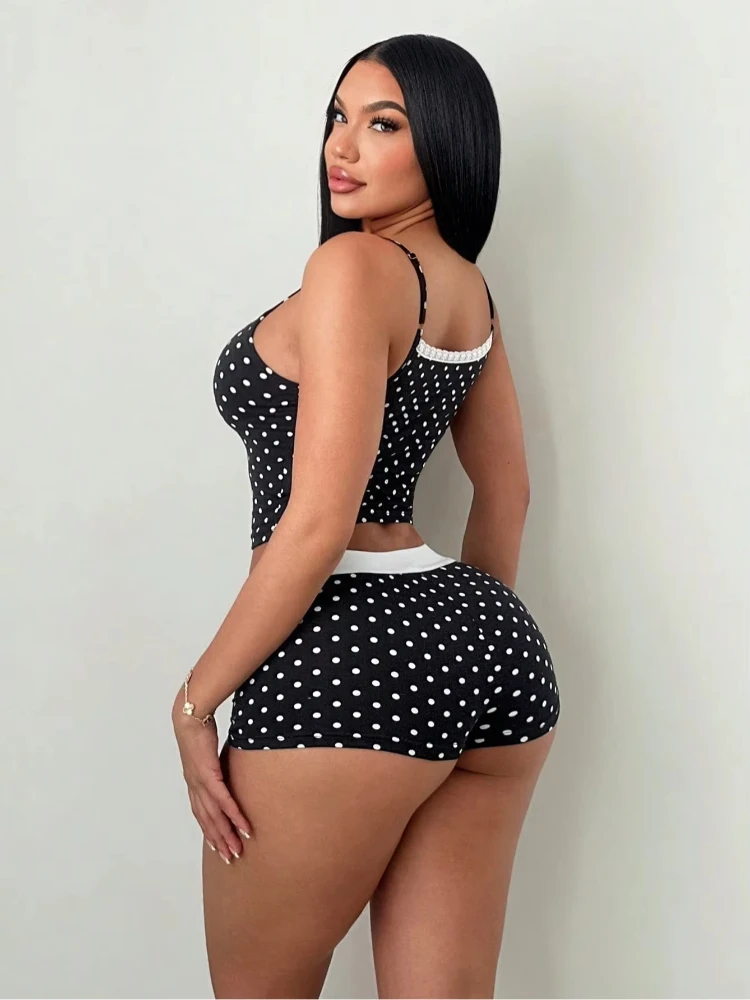 2026 Summer Sweet Retro Hot Girl Polka Dot Two-Piece Set Collar Lace Bow Decoration Suspender Top Shorts Daily Casual Vest Suit view 3