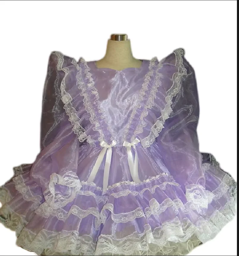 

New Sissy Lockable Sexy Purple Organza Long Sleeve Multi-layer Lace Ruffle Dress Maid Costume Customization