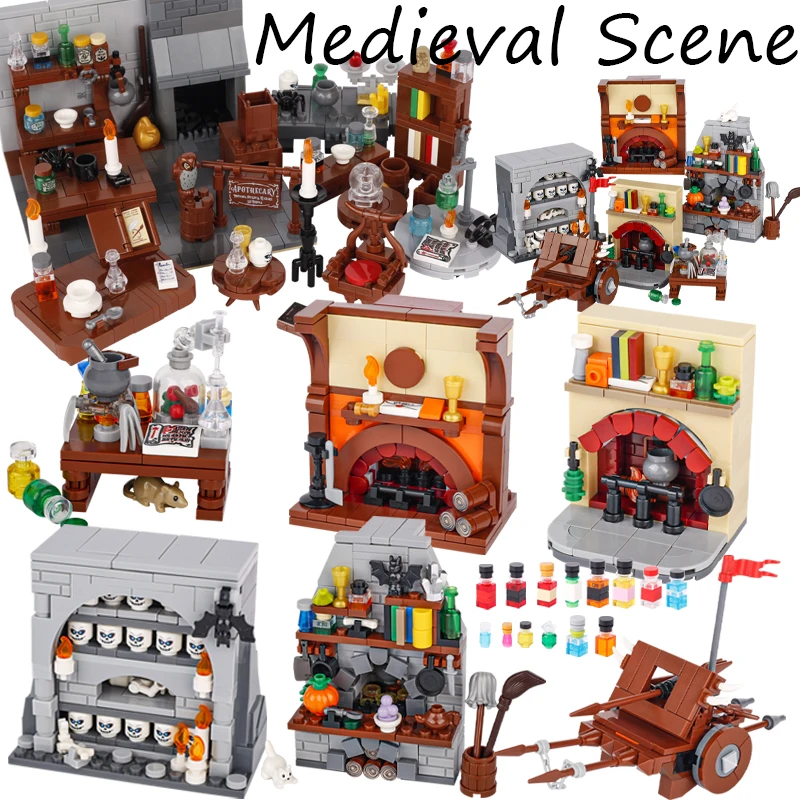 MOC Medieval Scene Building Blocks Witch Wizard Accessories Fireplace Kitchen Magic House Grave Laboratory Bricks Christmas Gift