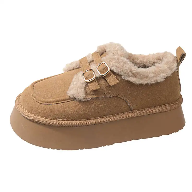 Women\'s Shoes Platform Loafers With Fur Round Toe All-Match Casual Female Sneakers Clogs Retro Slip-on New Winter Flock Solid Sl