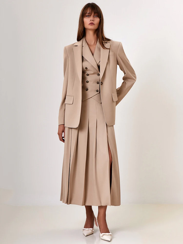 Fantoye Notched Collar Pleated Two Piece Set Women Blazer Suit Single Breasted Vest High Slit Skirt Autumn New Elegant Skirt Set