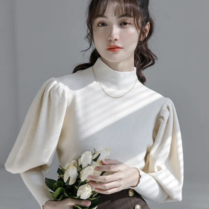 

Simple Semi-turtleneck Women's Autumn 2024 New Temperament Versatile Commuter Lantern Long-sleeved Sweater Knitted Pullover Top