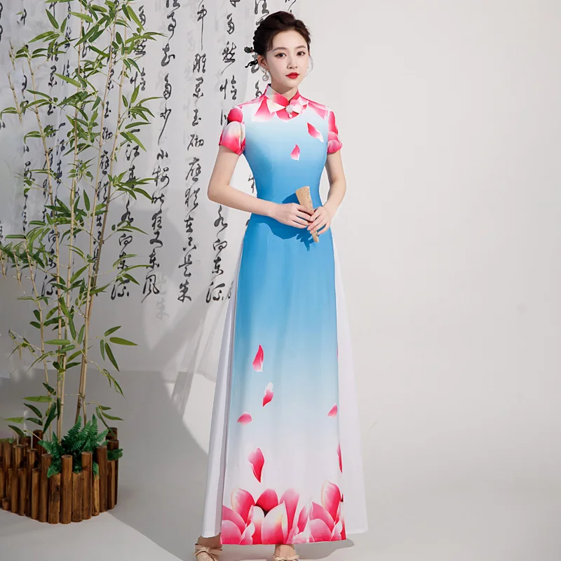 

High Quality 5XL Aodai Qipao Dress Chinese Traditional Women Print Flower 4XL Cheongsam Novelty Chinese Formal Party Dress