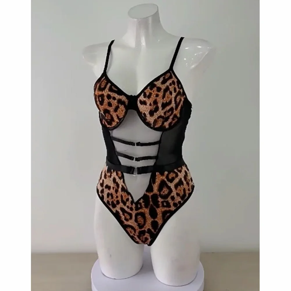 

S-XXL Deep V-neck Leopard Prints Camisole Bodysuit Mesh Transparent Swimsuit Tights Sexy Body Teddies Leotard Unitard Sukumizu