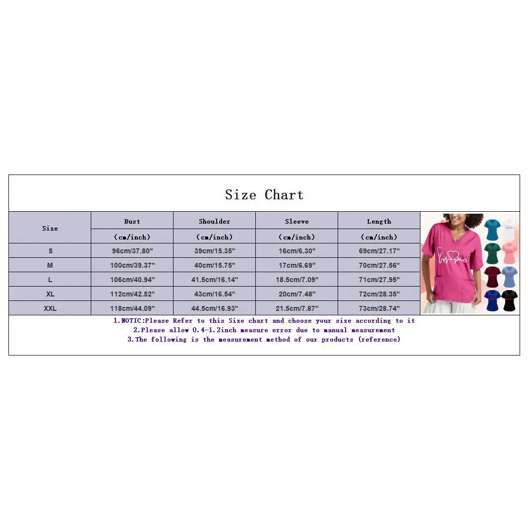 Summer Women\'s Clothing With Heart Pattern Short Sleeved V-Neck Fashion Frosted Tops Uniform Short Sleeve Doctor Nurse New