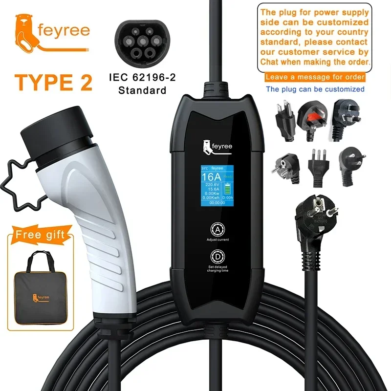 feyree EV Portable Charger Type2 / GB/T Plug Connector 16A 1Phase 3.5KW Type1 3.5m Wallbox Charging Station for Electric Vehicle
