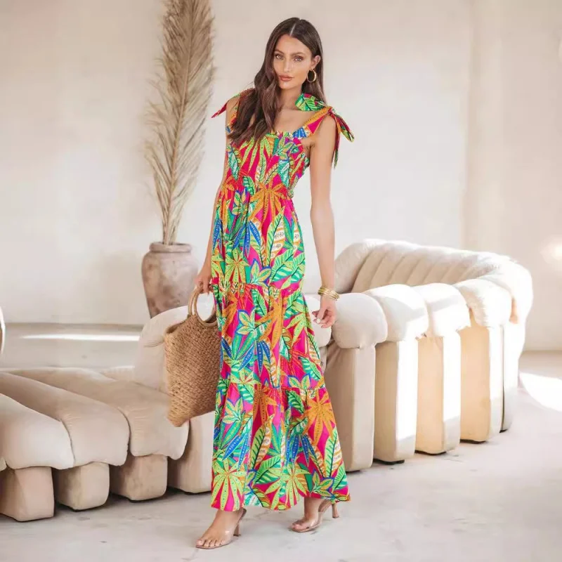 

HMR-Summer New Leaf Printed Sexy Tube Top Urban Style Sleeveless Sling Maxi Dress Women