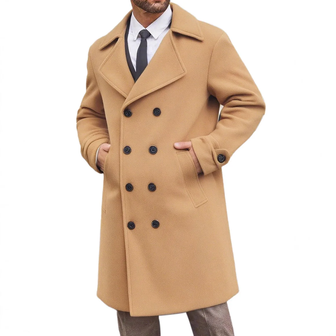 

Новинка 2025, мужское осенне-зимнее повседневное двубортное шерстяное пальто с лацканами, мужской классический однотонный уличный шерстяной плащ, верхняя одежда
