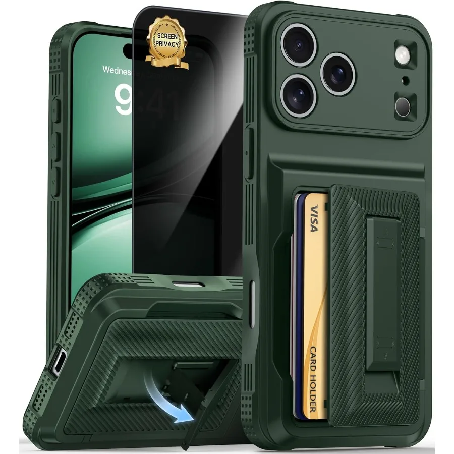 

Чехол-кошелек с полной защитой камеры для iPhone 17 Pro со встроенным держателем для карт, 4 5 карточками и защитной пленкой для конфиденциальности