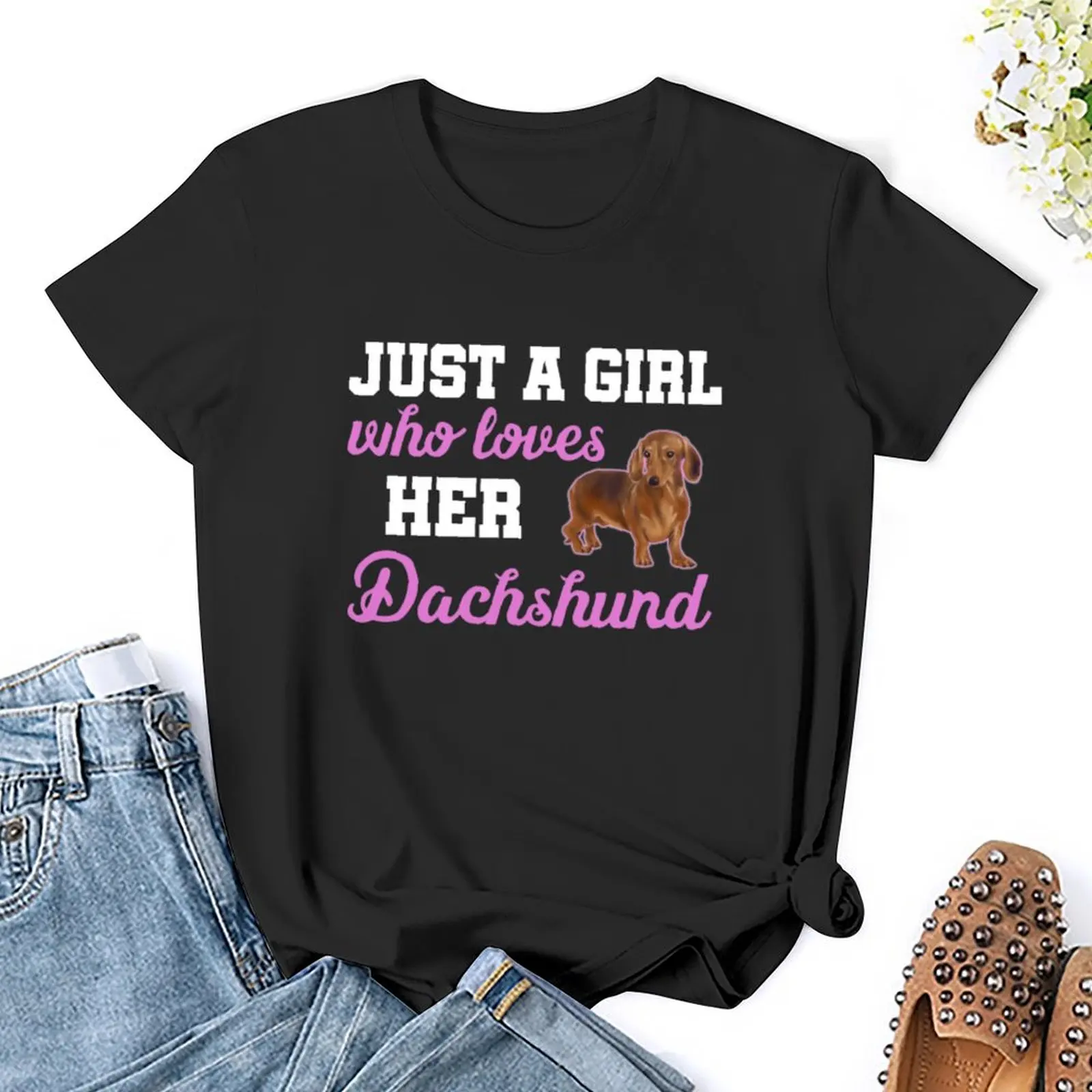 Women's Just A Girl Who Loves Her Dachshund T-shirt, Graphic Tees, Camisas de Roupas Femininas