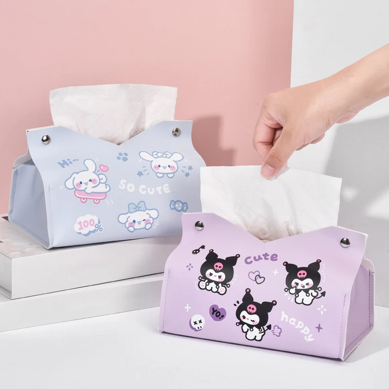 Sanrio Kuromi 소녀 심장 Cinnamoroll 티슈 상자 만화 세트 고양이 티슈 상자 Pu 가죽 침실 거실 자동차 보관 상자