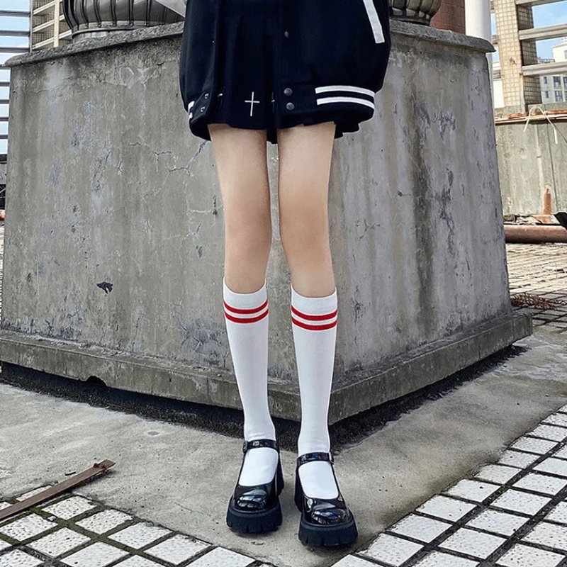 Women Solid Color Striped Cotton Calf Socks Girls Casual Sport Korea Fashion Stockings Warm Long Knee High Socks Japanese Style