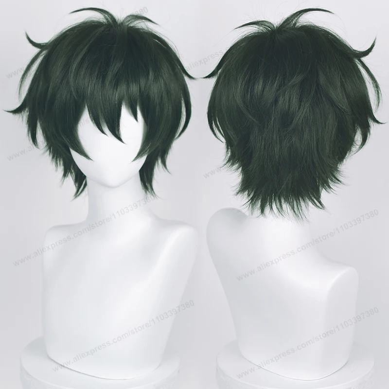 Peluca de Cosplay de Anime ES Mika Kagehira, pelo verde oscuro de 30cm, pelucas de Kagehira Mika, cabello sintético resistente al calor + gorro de peluca