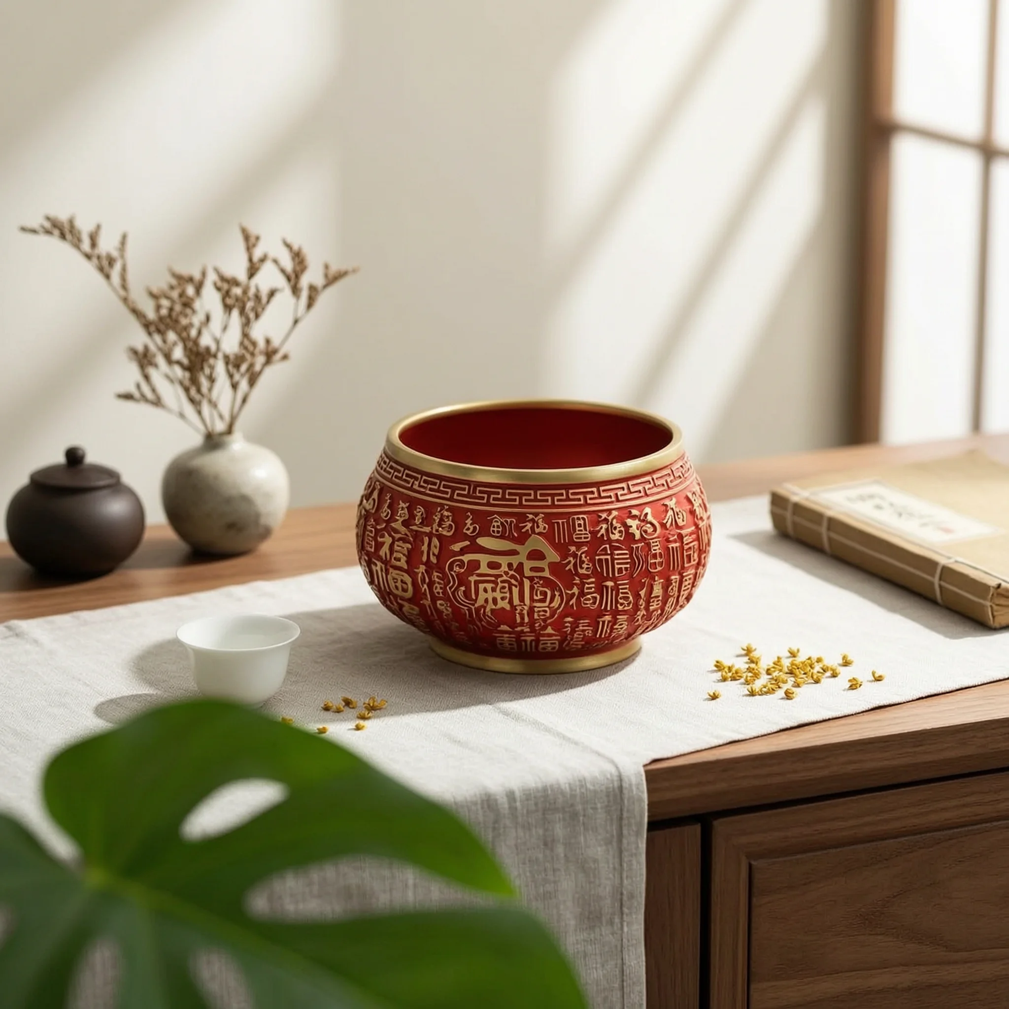 

Embossed Ornament Wohnaccessoire Decorative Bowl Ornate Finish Gold-toned Base Freestanding for Bedroom Table Accent