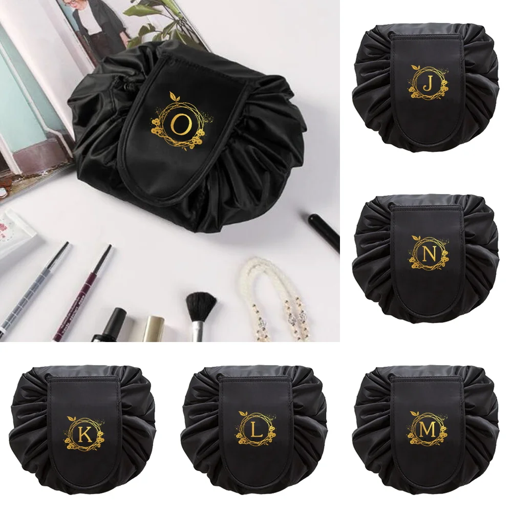 

Drawstring Makeup Bag Women Travel Organizer Make Cosmetic Bag Wreath Letter Printed Case Storage Pouch Toiletry Beauty Kit Box
