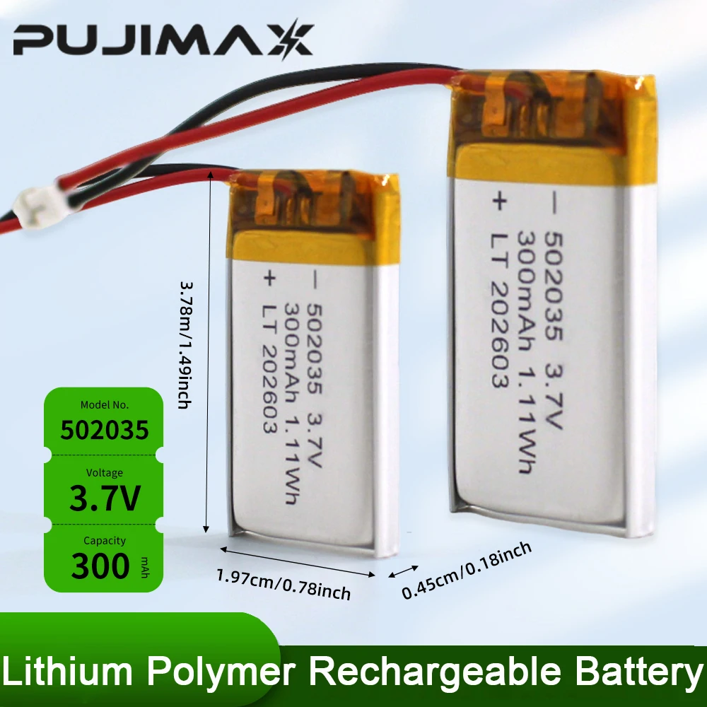 

PUJIMAX Real Capacity 502035 3.7V 300mAh Lipo Cells Lithium Polymer Rechargeable Battery for Beauty Instrument GPS LED Light