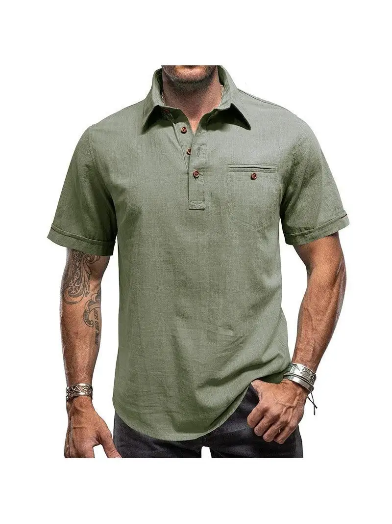 

Men's Hawaiian Short Sleeve Beach Shirt Cotton Linen Collared Top Casual Loose Fit Iron-Free Mid-Sleeve Pure Color Design