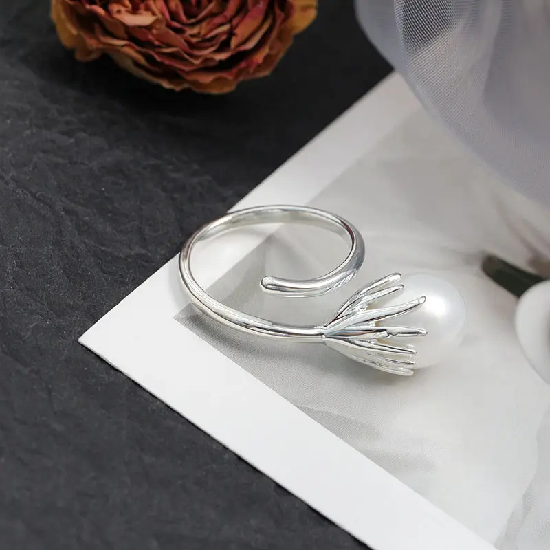 

Inlaid Natural Freshwater Pearl Flower Design Opening Adjustable Rings Delicate Elegance 925 Sterling Silver Ring Jewelry Gift