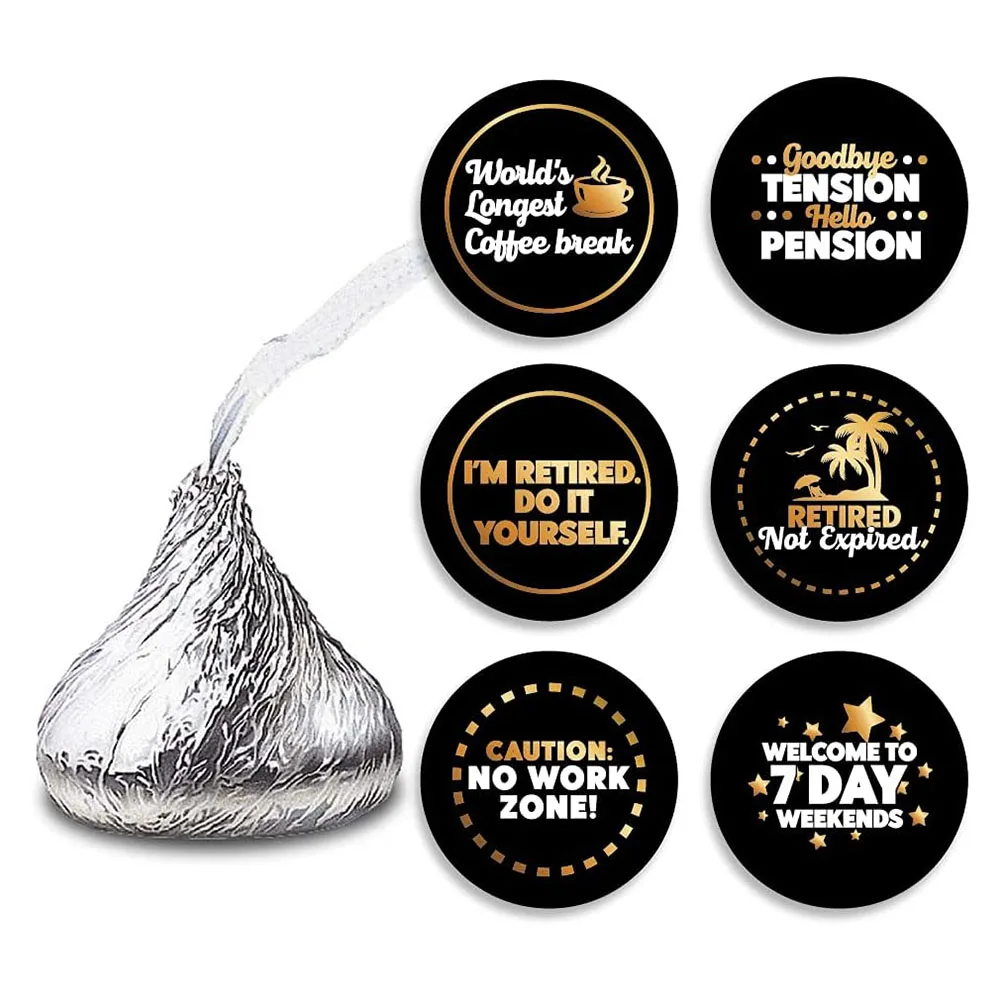 

Black Gold Happy Retirement stickers, self-adhesive round label stickers, Retirement party gifts, chocolate drop label stickers,