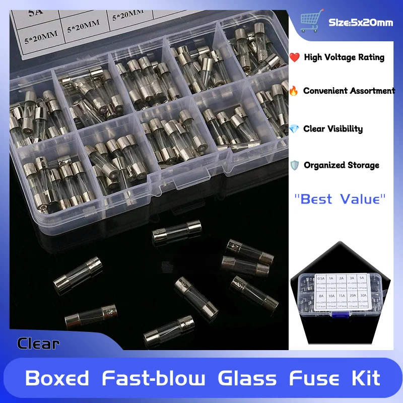 

0.2A 0.5A 1A 2A 3A 5A 6A 8A 10A 15A 20A 30A Household Assorted Car Glass Tube Fuses Kit Boxed Fast-blow Glass Fuse 250V 5x20mm