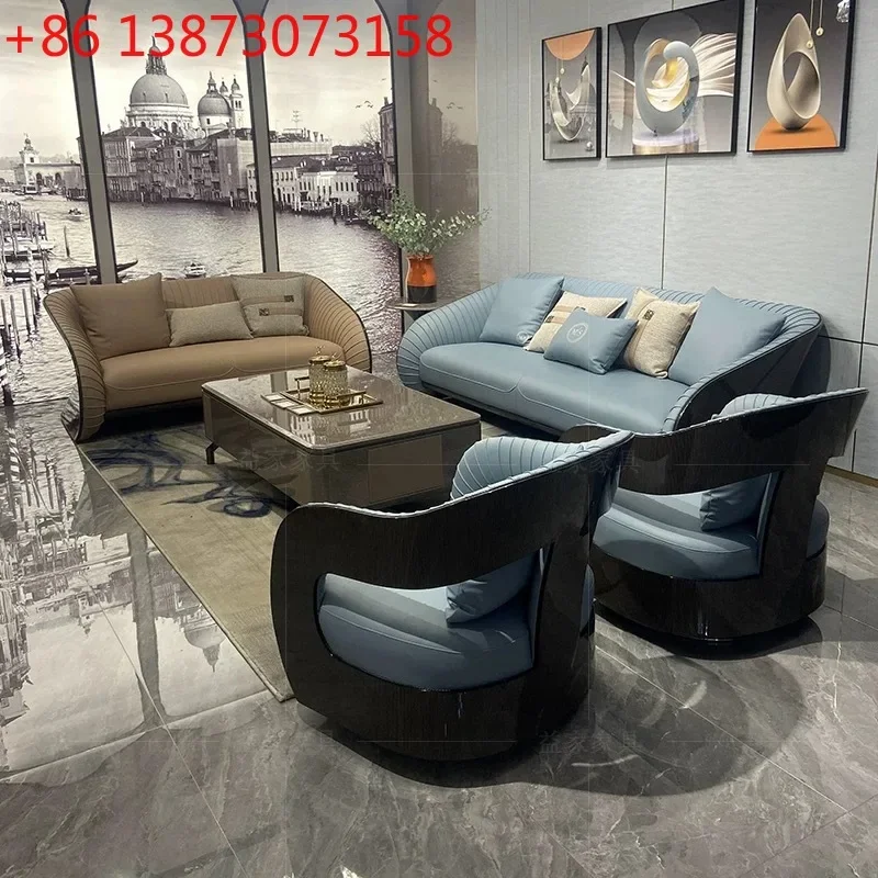Italian light luxury leather sofa modern matte leather large apartment villa high-end design solid wood furniture