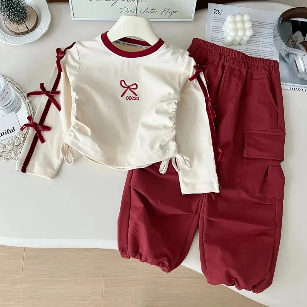Korean Style Fashionable Outdoor Red Girls'Clothing with Bow Decoration Long Sleeved Drawstring Top+ Work Pants Two-piece Set