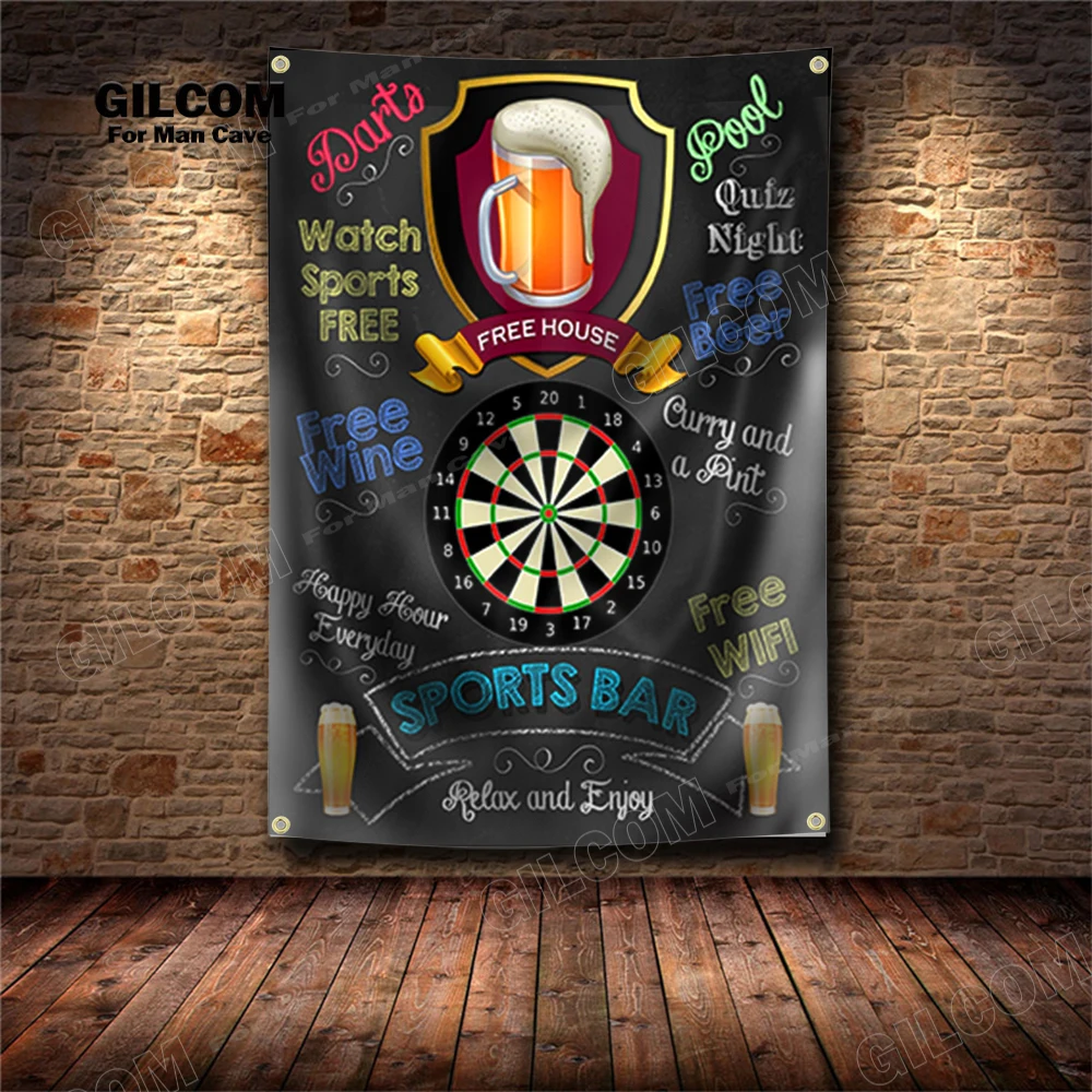 Blackboard Of Sports Bar Banner Flag Free Wine Dart Bowling Poster Art AD Vintage Sign Dark Motor Car Man Cave Garage Pub Club