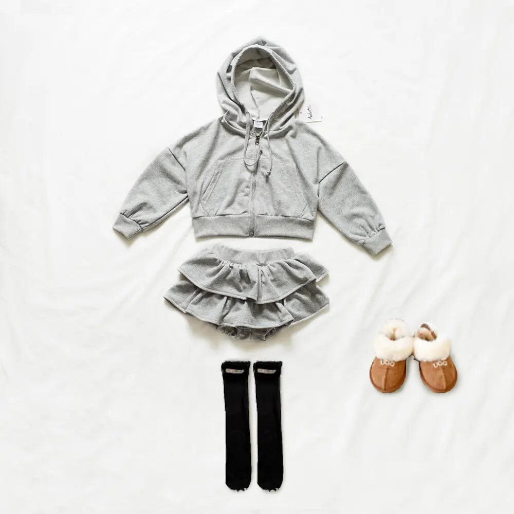 2026 Autumn Girls Sun Coat Cardigan Hooded Jacket + Shorts mini Skirt Teenager Children Set 2-7Year